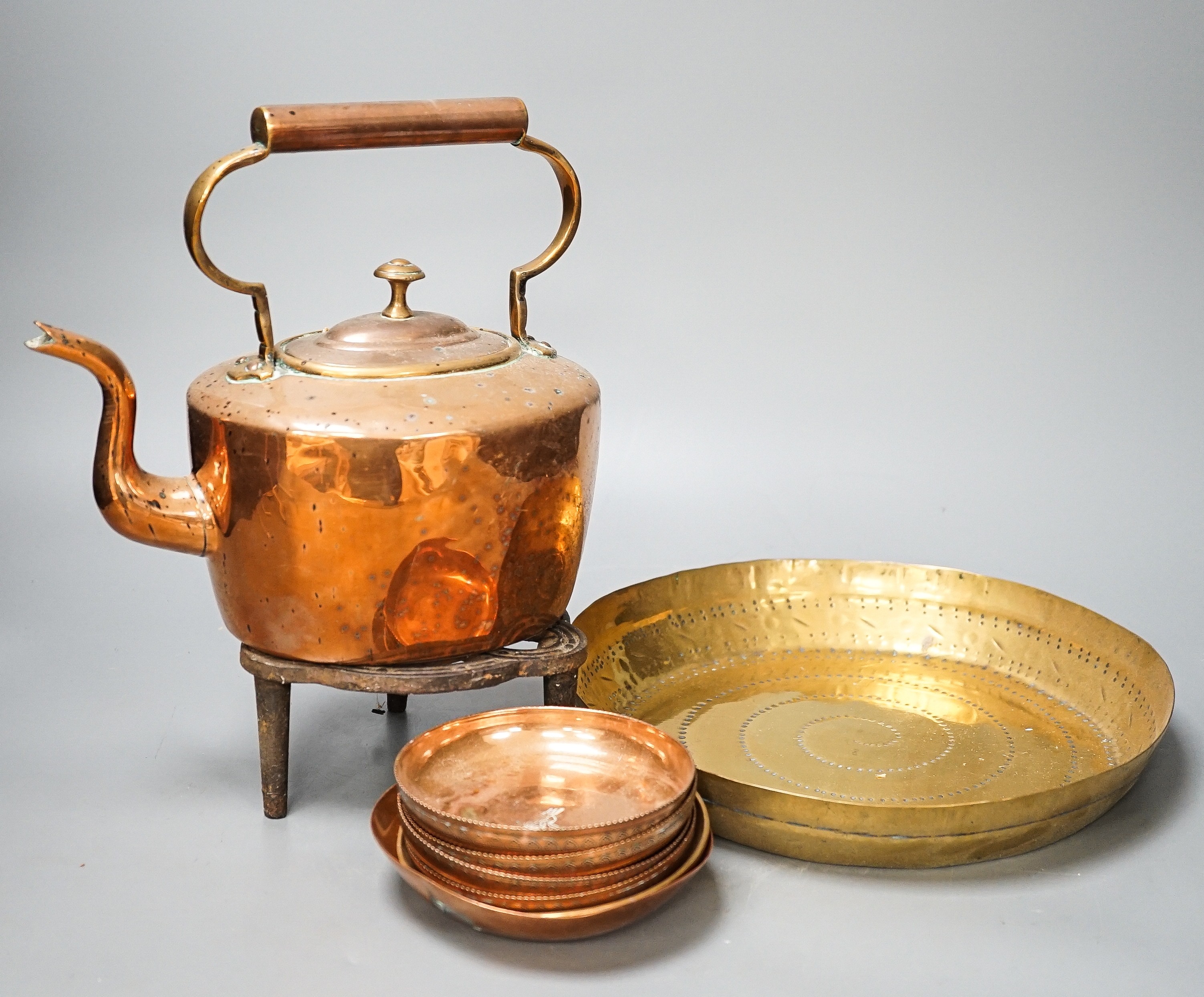 Mixed copper wares including teapot, preserve pan etc.